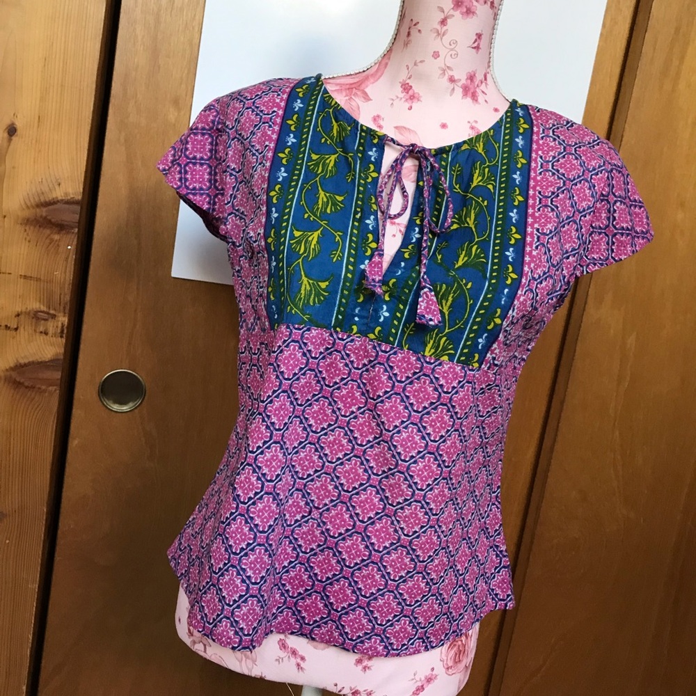 Funky People Pink and Navy Patterned Cap-Sleeve Blouse